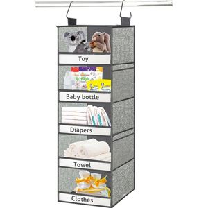 Kledingkastorganizer, Hangende organizer, Hangende stoffen plank met 5 vakken, Hangende opslag, Kledingkast met 2 haken, Opvouwbare hangende organizer voor schoenen, babykleding, shirt (grijs groen)