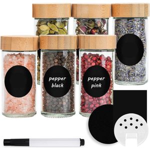 Round Spice Jars [6 x 100 ml] Labels for Labelling, Bamboo Lid, Pen | Spice Container with Wooden Lids & Accessories, Spice Jars, Round, Set of 6, Spice Storage, Spice Organiser