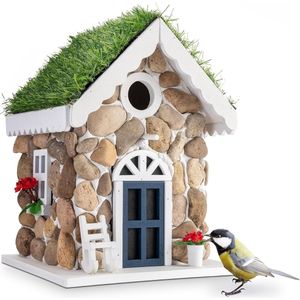 Nestkast in stenen huisstijl, decoratief hangend vogelhuisje met echte stenen, mezenkast met een ingangsdiameter van 30 mm, nesthulp vogelhuisje voor tuin, balkon, terras.