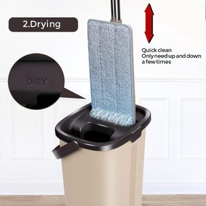 Mop en Schoonmaakemmer Set , Twee-Kamer Schoonmaakset met Platte Vloermop voor Nat en Droog Gebruik, Inclusief 6 Herbruikbare Pads, Voor Vloerreiniging