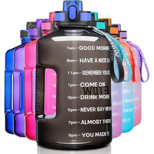 Waterfles, 2,2 liter, rietje, 2200 ml, sportfles met tijdsaanduidingen en handvat, 2,2 L, BPA-vrij voor kamperen, yoga, sportschool en buitenactiviteiten, zwart.