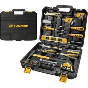 Gereedschapskist, 102-delige huishoudgereedschapset met moersleutel, hamer, tang, schroevendraaier en standaardgereedschap, ideaal voor werkplaats en huishouden, MTH100 geel