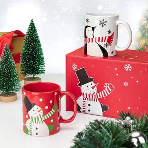 Kerstmok, set van 2, keramische koffiemok met kerstmotief, cartoon-bedrukt, kerstvakantie, vrienden, familie, geschenken, pinguïn en sneeuwpop