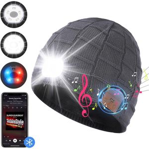 nieuwe Bluetooth beanie muts met licht, mannen 5 LED Bluetooth muts oplaadbare USB muzikale loopmuts met fleece, wintermuts, cadeau vriend dames en heren, grijs, Eén maat [Energieklasse A++]