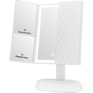 Make-up spiegel met LED-Verlichting en Touchscreen, Drievoudig 1x 5x 7x Vergroting, 90 ° Verstelbare Rotatie, Werkt op Batterijen en USB, Aanrecht Cosmetische Spiegel (Wit)