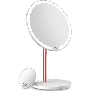 Verlichte make-upspiegel - Oplaadbare LED-tafelspiegel met 10x vergroting Mini cosmetische spiegel - 3 kleuren lichten dimmen, aanraaksensor, draagbare spiegel voor reizen