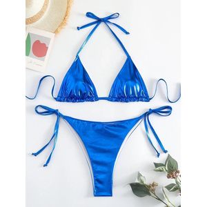 Bikini-Blauw-Metalic-Sexy-Halter-Triangel-Opwindend-Dames-Erotisch