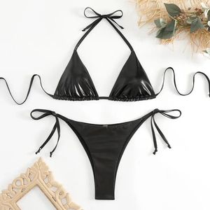 Bikini-Zwart-Metallic-Sexy-Halter-Triangel-Opwindend-Dames-Erotisch