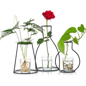 Set van 3 creatieve bloempotten voor het bureau, met glazen bekers, vazen en metalen standaard van ijzer voor waterplanten, bloemstukken decoratie (3 stuks)