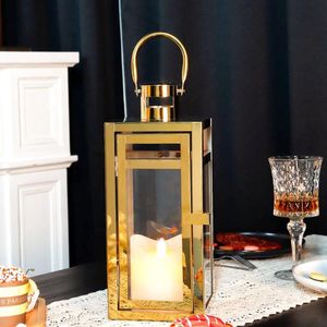 Decoratieve roestvrijstalen lantaarn, 30 cm hoge metalen kaarsenhouder met helderglazen panelen, perfect voor huisdecoratie, woonkamer, feesten, tafelblad, binnen, buiten (goud)