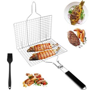 Roestvrijstalen grillmand voor visgroenten, roestvrijstalen vis-grillmand, draagbare grill, vishouder, opvouwbare BBQ grillmand, visbraadpan, opvouwbaar, met bakkwast, voor vis, groenten,