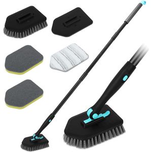 schrobber met steel badkamer, 3-in-1 reinigingsborstel badkamer, vloerschrobber met verwisselbare borstelkoppen, voor badkamertegels, badkuipen, keuken, toilet, zwart
