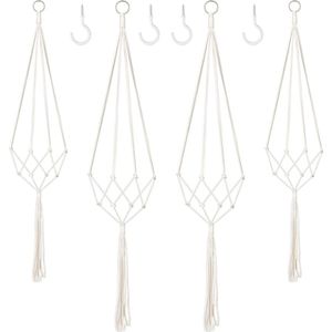 plantenhangers, set van 4, boho, decoratief katoenen touw, hanglampen, bloempot, plantenhouder, hanger voor binnen en buiten, plafond, balkons, wanddecoratie (beige)