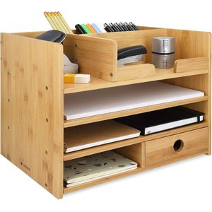 Bureau-organizer, plank van bamboe, 33 x 24 x 26 cm, opbergsysteem, brievenbakje van hout, voor tafel, kantoor, bureau, gemakkelijk te reinigen