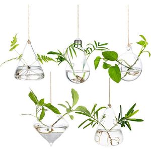 Glazen hangende plantenbakken, waterplantenhouder, terrarium, kaarsenhouder, voor binnen en buiten, 2 gaten, 5 delen/set met snaren touw voor tuin, balkon