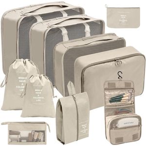 10-delige verpakkingsblokjes kofferorganisator waterdichte kledingtassen voor vakantie en reizen verpakkingskubussenset reiskubus organisatiesysteem voor koffers (beige)