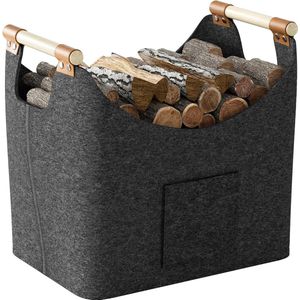 Houtmand voor brandhout, XXL brandhoutmand, vilten mand, extra dik vilt, brandhoutmand met versterkt houten handvat, opvouwbare houten mand, vilten tas voor boodschappen, hout, krant of brandhout