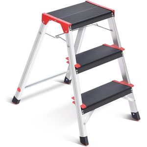 Vouwladder, opstapkruk, dubbelzijdige aluminium ladder, inklapbaar, met antislip voeten, lichte trapladder, belastbaar tot 150 kg, 3 treden