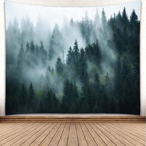 Wandtapijt bos groen 355x230, mistige wanddoek bos voor slaapkamer, wanddoeken landschap wandbehang bos, doek voor de muur extra groot 355 x 230 cm