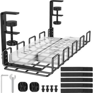 Cable carrier without drilling under the desk, improved cable tray with clamp for table, sturdy metal cable duct for the power strip, black, one pack