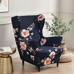 2-Piece Wing Chair Cover, Armchair Throws, Wing Chair Protective Covers, Elastic Stretch Tiger Chair Cover with Armrest, High Backrest, Universal (Scented Flower Blue)