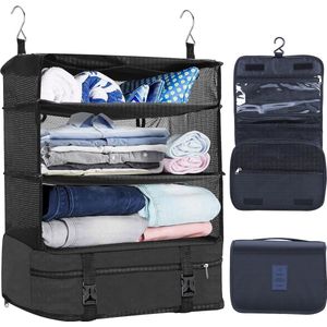 Koffer-organizer, hangend, opvouwbaar, met make-uptas, 2-delig, draagbare pakkubus, hangkast, pakkubus om op te hangen, opbergtas voor koffer en bagage, zwart