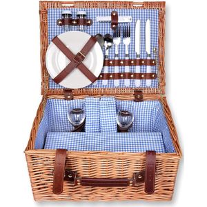 Picknickmand, rechthoekig, van wilgenhout, voor 2 personen, picknickset, binnenkant blauw geruit