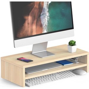 2 Tier Monitor Stand, 54 x 25.5 cm, Large Computer Laptop Stand with Storage for Keyboards, Desk Organizer for Home and Office Supplies, Oak