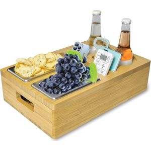 Couchbar, snackbox, bankbar, snackbox, wijnbank, bar, snackbar, houten bank, twee snackschalen, bankdienblad met twee snackschalen.