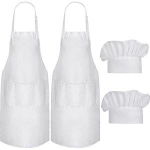 Set van 4 kookschorten, witte keukenschort en chef-kokshoed voor mannen en vrouwen, verstelbaar schort met 3 zakken voor keuken koken bakken BBQ.