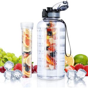 2L Sportfles, Waterfles met thee- of fruitinfusie, Herbruikbare fles van 2 liter gemaakt van BPA-vrij Tritan met motiverende tijdsaanduiding voor gymnastiek, kamperen, kantoor.