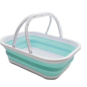12L Foldable Tub with Handle - Portable Outdoor Picnic Basket/Crater - Foldable Shopping Bag - Space Saving Storage Container (White/Light Blue, 1)