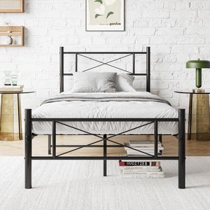 Metal Bed 90 x 200 cm Bed Frame with Slatted Frame, Double Bed/Single Bed, Bed Frame with Headboard, Guest Bed, Youth Bed for Bedroom, Guest Room, Black