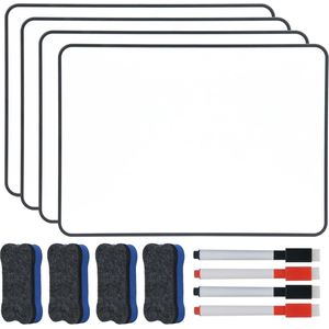4 stuks 30 x 21 cm wit bord droog afwasbaar mini whiteboards, A4 dubbelzijdig wit bord met zwart frame met 4 stuks marker en 4 stuks boardgum, whiteboard voor school, kantoor, huis