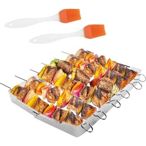 6 x Barbecue Spiezen Roestvrij Stalen Kebab Spiezen Set met Grill Spiezen Houder BBQ Grill Spiezen 35 cm Barbecue Spiezen voor Kampvuur Vlees Spiezen Metalen Spiezen Grillen met 360° Rotatie