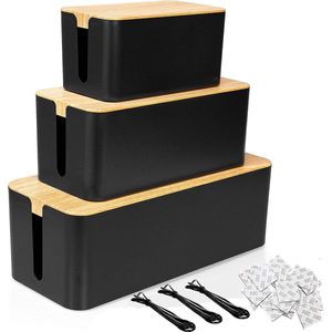 Set van 3 kabelboxen, zwart, grote kabelorganisatorbox met houten deksel voor kabels, grote en kleine kabelbeheerbox voor adapters, stekkerdozen, kabelverbergingsbox.