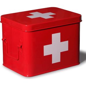 Medicijndoos, metaal, EHBO-doos, koffer, kast, medicijnkast, medicijnkoffer, retro, medicijnkast, 22 x 16 x 16 cm (rood-22 cm)