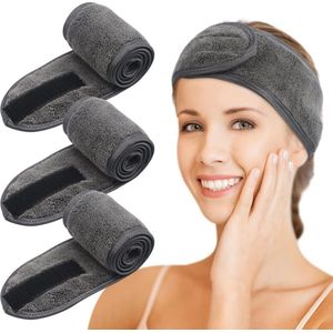 Spa-hoofdband Anti Slip microvezel-make-up hoofdband met magische tape Verstelbaar voor het wassen van gezicht, yoga, sport 3-pack Donkergrijs