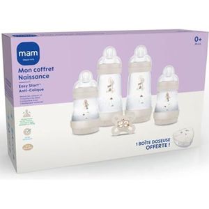 MAM - Mijn geboortedoos (6 producten) zand – 4 Easy Start anti-koliek flessen en 1 fopspeen geboorte en 1 gratis doseerdoos – ideaal geboortecadeau met flessen en ultrazachte fopspeen