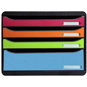 Schubladenbox BIG-BOX PLUS HORIZON QUER, A4+, 4 halboffene Schübe, Auszugsstopp/Griffmulde/Etikettenhalter, Etiketten, Blauer Engel, schwarz-harlekin