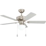 Eglo - Deckenventilator cadiz, 5 Flügel Ventilator mit Licht, Zugkette, Wendeflügel aus mdf in Silber oder Eiche, Gehäuse aus Stahl in Nickel-Matt,