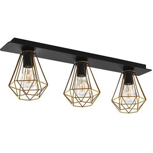 EGLO Plafondlamp Tarbes 2, 3-lichts lamp plafond, woonkamerlamp van zwart metaal, messing, plafondverlichting voor slaapkamer en hal, E27 fitting, L 77 cm
