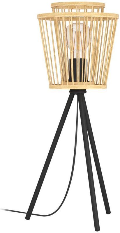 Tischlampe Hykeham, Stativ Nachttischlampe Boho Style, Dreibein Tischleuchte aus Bambus in Natur und Metall in Schwarz, Deko Lampe mit E27 Fassung
