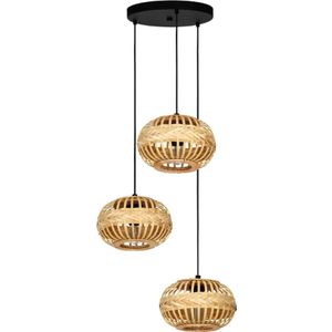 EGLO Hanglamp Amsfield 1, 3-lichts pendellamp boven eettafel, eettafellamp van zwart metaal en natuurlijk bamboe, lamp hangend voor woonkamer, E27 fitting, Ø 48 cm