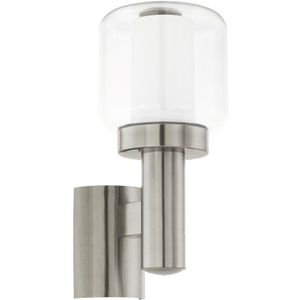 Eglo Poliento buitenwandlamp; buitenlamp met 1 lichtpunt; wandlamp van roestvrij staal, kunststof en glas. Kleur: zilver/wit. Fitting: E27, IP44.
