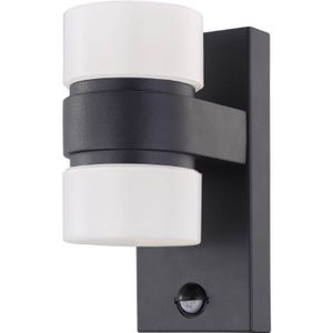 EGLO Atollari Led buitenlamp voor op de muur, 2 lichts buitenlamp, incl. bewegingsmelder, sensor wandlamp, gemaakt van gegoten aluminium en kunststof. Kleur: antraciet/wit, IP44.