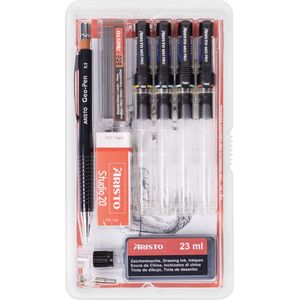 Aristo tekenpen - PRO Studio - set 9-delig - lijnbreedte 0.20/0.35/0.50/0.70 mm - fles 23ml inkt - tekenpotlood - potloodstiftjes - gum - penadapter - AR-64152