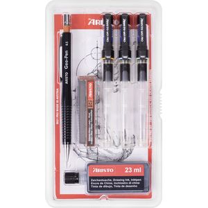 Aristo tekenpen - PRO College - set 6-delig - lijnbreedte 0.18/0.25/0.35mm - fles 23ml inkt - tekenpotlood - potloodstiftjes - AR-64314