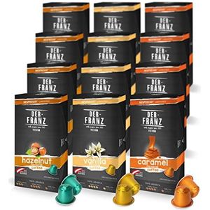 Der-Franz 12 x 10 koffiecapsules compatibel met Nespresso, (40 x gearomatiseerd met hazelnootaroma, 40 x vanille, 40 x karamel)