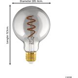 EGLO - E27 - LED Spiraal Filament Lamp - Rookglas - Dimbaar - 4 Watt - 100 Lumen - Warm Wit - G60 - Ø 6 cm